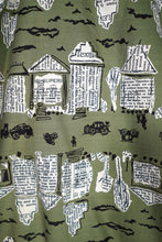 Load image into Gallery viewer, 50s OLIVE GREEN NOVELTY NEWSPAPER AND CARS PRINT STRAPPY SUN DRESS - XS