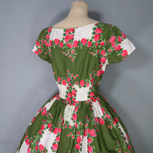 Load image into Gallery viewer, 50s GREEN AND PINK ROSE PRINT FULL SKIRTED COTTON DAY DRESS - M