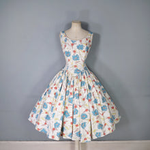 Load image into Gallery viewer, 50s JENNIFER LEE MID CENTURY FLORAL DROP WAISTED FULL SKIRT DRESS - S