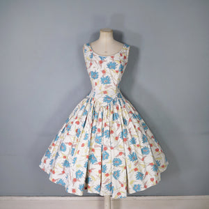 50s JENNIFER LEE MID CENTURY FLORAL DROP WAISTED FULL SKIRT DRESS - S