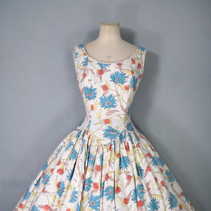 50s JENNIFER LEE MID CENTURY FLORAL DROP WAISTED FULL SKIRT DRESS - S