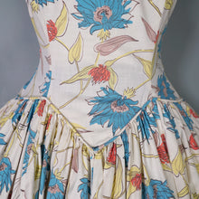 Load image into Gallery viewer, 50s JENNIFER LEE MID CENTURY FLORAL DROP WAISTED FULL SKIRT DRESS - S