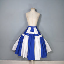 Load image into Gallery viewer, 50s BLUE WHITE STRIPE PANELLED FULL SKIRT WITH STRAP AND BUTTON DETAIL - 30"