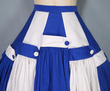 Load image into Gallery viewer, 50s BLUE WHITE STRIPE PANELLED FULL SKIRT WITH STRAP AND BUTTON DETAIL - 30"