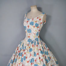 Load image into Gallery viewer, 50s JENNIFER LEE MID CENTURY FLORAL DROP WAISTED FULL SKIRT DRESS - S