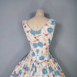 50s JENNIFER LEE MID CENTURY FLORAL DROP WAISTED FULL SKIRT DRESS - S