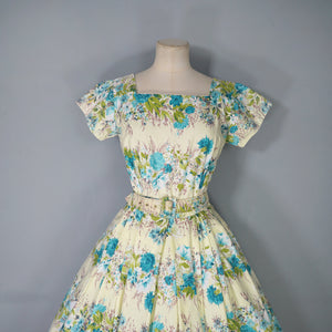 50s PALE YELLOW AND GREEN FLORAL PRINT FULL SKIRTED COTTON DRESS WITH BELT - S