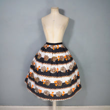 Load image into Gallery viewer, 50s 60s BLACK STRIPE AND GREY AND ORANGE ROSE PRINT COTTON FULL SKIRT - 30"