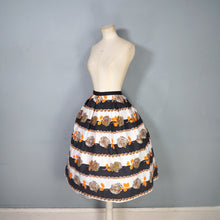 Load image into Gallery viewer, 50s 60s BLACK STRIPE AND GREY AND ORANGE ROSE PRINT COTTON FULL SKIRT - 30"