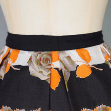 Load image into Gallery viewer, 50s 60s BLACK STRIPE AND GREY AND ORANGE ROSE PRINT COTTON FULL SKIRT - 30"