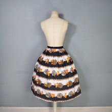 Load image into Gallery viewer, 50s 60s BLACK STRIPE AND GREY AND ORANGE ROSE PRINT COTTON FULL SKIRT - 30"