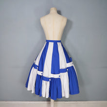 Load image into Gallery viewer, 50s BLUE WHITE STRIPE PANELLED FULL SKIRT WITH STRAP AND BUTTON DETAIL - 30"
