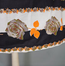 Load image into Gallery viewer, 50s 60s BLACK STRIPE AND GREY AND ORANGE ROSE PRINT COTTON FULL SKIRT - 30"