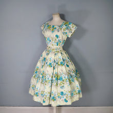Load image into Gallery viewer, 50s PALE YELLOW AND GREEN FLORAL PRINT FULL SKIRTED COTTON DRESS WITH BELT - S