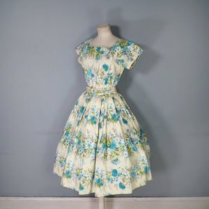 50s PALE YELLOW AND GREEN FLORAL PRINT FULL SKIRTED COTTON DRESS WITH BELT - S