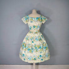 Load image into Gallery viewer, 50s PALE YELLOW AND GREEN FLORAL PRINT FULL SKIRTED COTTON DRESS WITH BELT - S