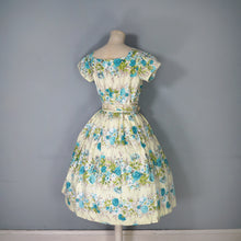 Load image into Gallery viewer, 50s PALE YELLOW AND GREEN FLORAL PRINT FULL SKIRTED COTTON DRESS WITH BELT - S