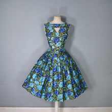 Load image into Gallery viewer, 50s 60s CARNEGIE MODEL COTTON SATEEN DEEP BLUE AND GREEN FLORAL DRESS - S