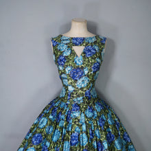 Load image into Gallery viewer, 50s 60s CARNEGIE MODEL COTTON SATEEN DEEP BLUE AND GREEN FLORAL DRESS - S