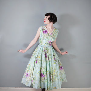 50s 60s LIGHT BLUE GREEN FLORAL PRINT NYLON CIRCLE DRESS - S