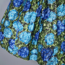 Load image into Gallery viewer, 50s 60s CARNEGIE MODEL COTTON SATEEN DEEP BLUE AND GREEN FLORAL DRESS - S
