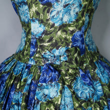 Load image into Gallery viewer, 50s 60s CARNEGIE MODEL COTTON SATEEN DEEP BLUE AND GREEN FLORAL DRESS - S