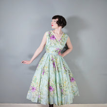 Load image into Gallery viewer, 50s 60s LIGHT BLUE GREEN FLORAL PRINT NYLON CIRCLE DRESS - S