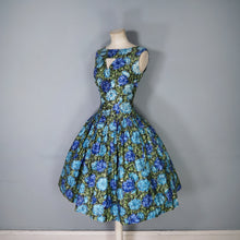 Load image into Gallery viewer, 50s 60s CARNEGIE MODEL COTTON SATEEN DEEP BLUE AND GREEN FLORAL DRESS - S