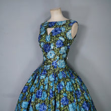 Load image into Gallery viewer, 50s 60s CARNEGIE MODEL COTTON SATEEN DEEP BLUE AND GREEN FLORAL DRESS - S