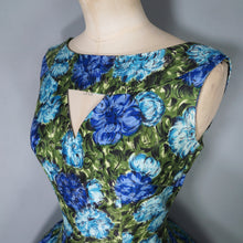 Load image into Gallery viewer, 50s 60s CARNEGIE MODEL COTTON SATEEN DEEP BLUE AND GREEN FLORAL DRESS - S