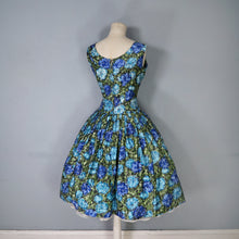 Load image into Gallery viewer, 50s 60s CARNEGIE MODEL COTTON SATEEN DEEP BLUE AND GREEN FLORAL DRESS - S