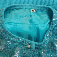 Load image into Gallery viewer, 50s 60s BRIGHT TURQUOISE WOOL CARDIGAN WITH IRRIDESCENT SEQUINS - M