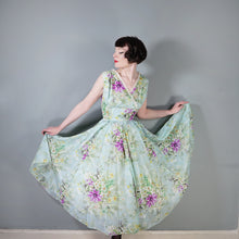 Load image into Gallery viewer, 50s 60s LIGHT BLUE GREEN FLORAL PRINT NYLON CIRCLE DRESS - S