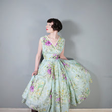 Load image into Gallery viewer, 50s 60s LIGHT BLUE GREEN FLORAL PRINT NYLON CIRCLE DRESS - S