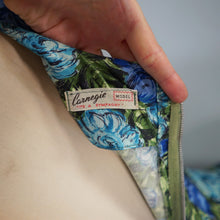 Load image into Gallery viewer, 50s 60s CARNEGIE MODEL COTTON SATEEN DEEP BLUE AND GREEN FLORAL DRESS - S