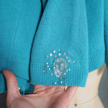 Load image into Gallery viewer, 50s 60s BRIGHT TURQUOISE WOOL CARDIGAN WITH IRRIDESCENT SEQUINS - M
