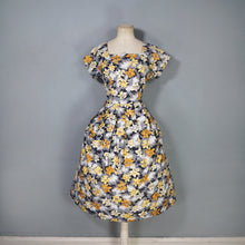 Load image into Gallery viewer, 50s 60s BLACK GREY COTTON DRESS WITH BRIGHT EASTER LILY PRINT - S