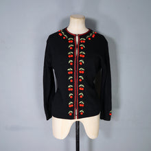 Load image into Gallery viewer, 60s BLACK AND RED CHERRY EMBROIDERED CARDIGAN - M-L