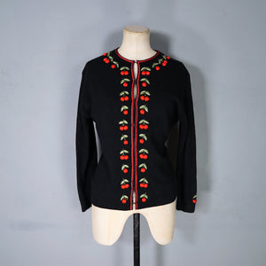 60s BLACK AND RED CHERRY EMBROIDERED CARDIGAN - M-L