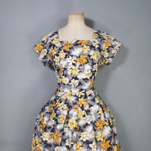Load image into Gallery viewer, 50s 60s BLACK GREY COTTON DRESS WITH BRIGHT EASTER LILY PRINT - S