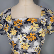 Load image into Gallery viewer, 50s 60s BLACK GREY COTTON DRESS WITH BRIGHT EASTER LILY PRINT - S