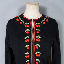 Load image into Gallery viewer, 60s BLACK AND RED CHERRY EMBROIDERED CARDIGAN - M-L