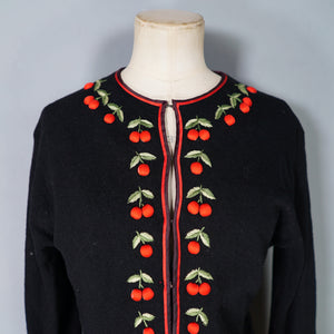60s BLACK AND RED CHERRY EMBROIDERED CARDIGAN - M-L