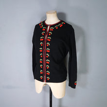 Load image into Gallery viewer, 60s BLACK AND RED CHERRY EMBROIDERED CARDIGAN - M-L