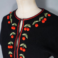 Load image into Gallery viewer, 60s BLACK AND RED CHERRY EMBROIDERED CARDIGAN - M-L