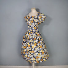 Load image into Gallery viewer, 50s 60s BLACK GREY COTTON DRESS WITH BRIGHT EASTER LILY PRINT - S