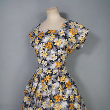 Load image into Gallery viewer, 50s 60s BLACK GREY COTTON DRESS WITH BRIGHT EASTER LILY PRINT - S