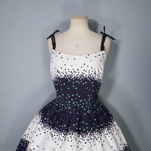 50s 60s BLANES BLACK, WHITE AND GREEN CONFETTI PRINT DRESS - S