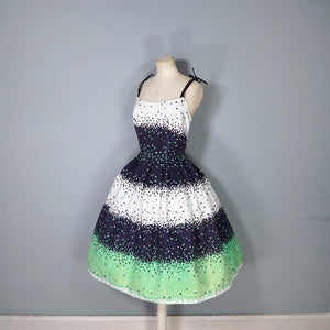 50s 60s BLANES BLACK, WHITE AND GREEN CONFETTI PRINT DRESS - S