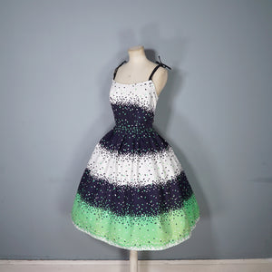 50s 60s BLANES BLACK, WHITE AND GREEN CONFETTI PRINT DRESS - S